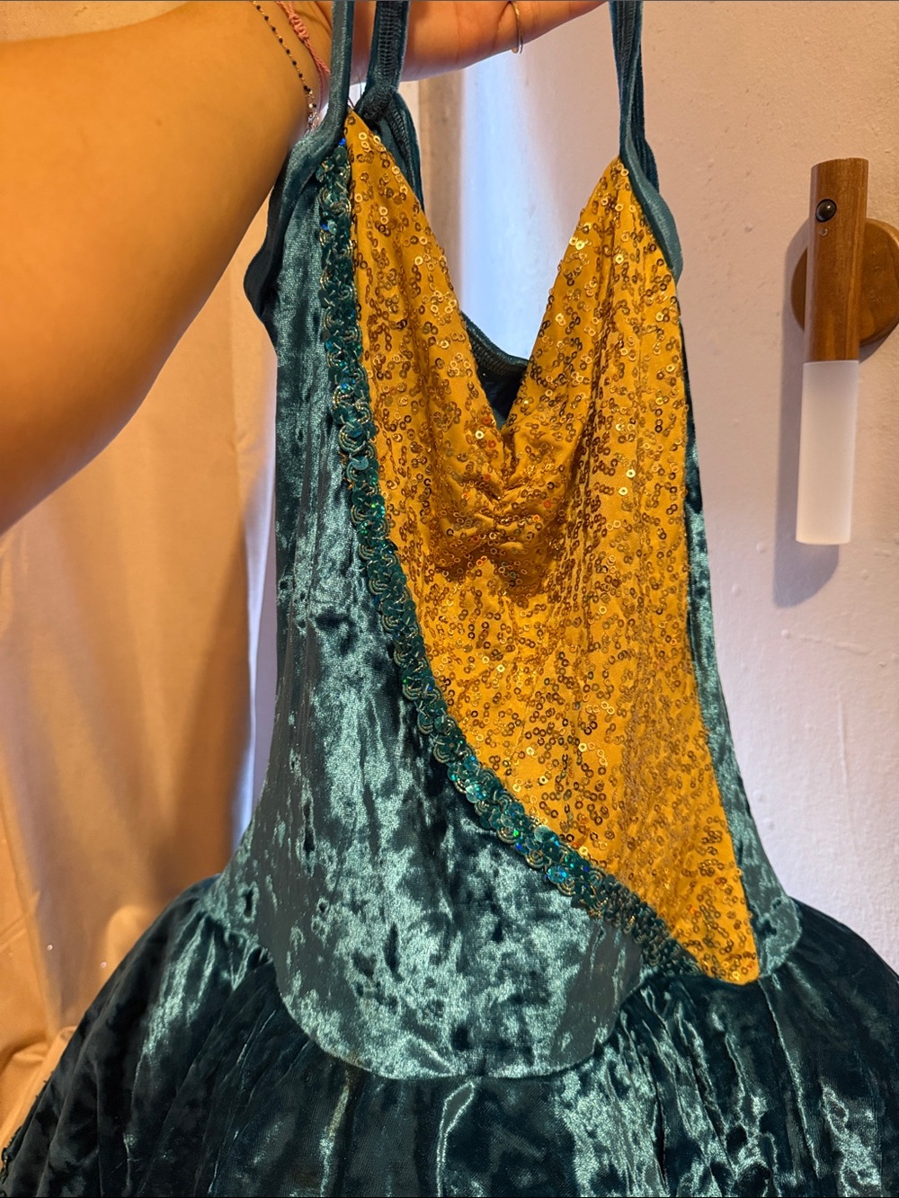 Velvet Teal and Gold Sequin Spaghetti Strap Dress Leotard and Tutu one piece